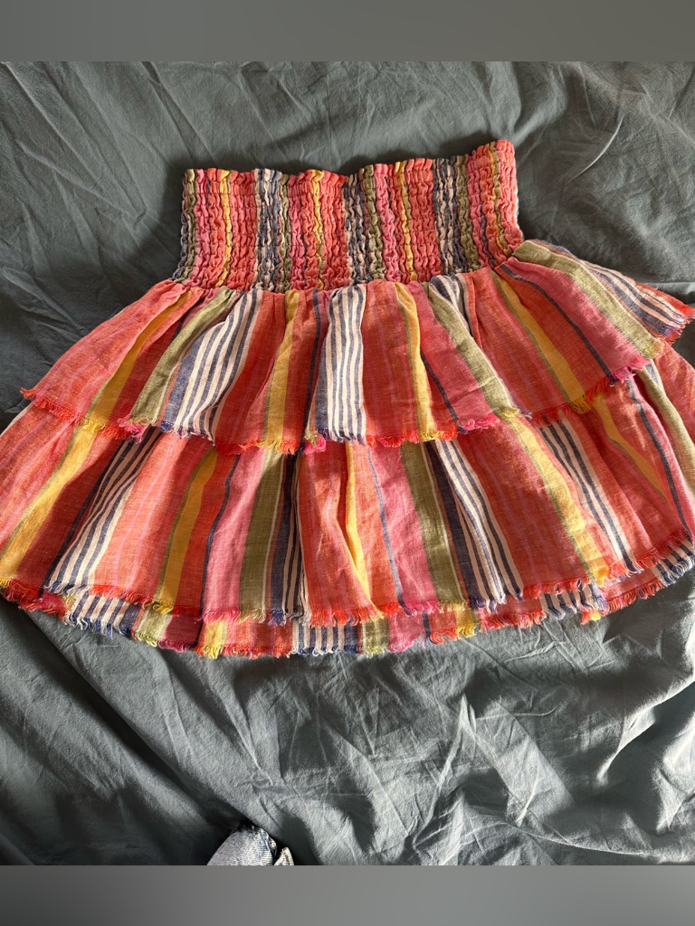 Sundays Multicolor Striped Linen Tiered skirt - Coral, Navy, Yellow